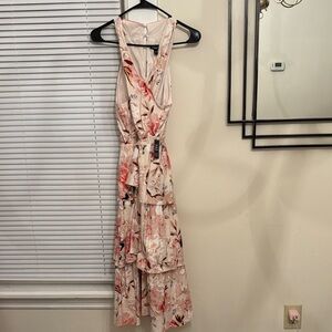 Elegant Floral midi halter neck Dress - Cream and Pink